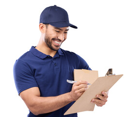 Isolated delivery man, writing and checklist for service, commerce and smile by transparent png background. Happy courier person, clipboard and notes for logistics, sales or supply chain paperwork