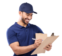 Isolated delivery man, writing and checklist for service, commerce and smile by transparent png background. Happy courier person, clipboard and notes for logistics, sales or supply chain paperwork
