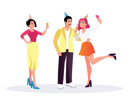 Cartoon smiling colleagues making selfie and celebrating event together. Positive coworkers having fun at office party. Friends spending time together. Vector