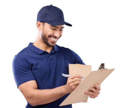 Isolated delivery man, writing and checklist for service, commerce and smile by transparent png background. Happy courier person, clipboard and notes for logistics, sales or supply chain paperwork