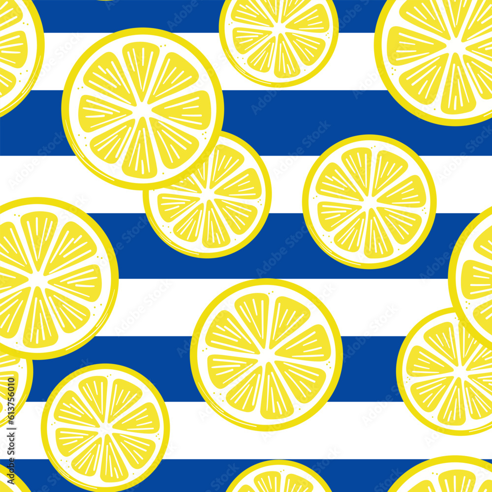Poster seamless lemon slice vector repeat pattern, blue stripe background
