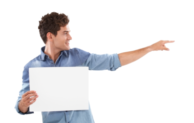 Hand, pointing and man with paper, poster or mockup on isolated, transparent or png background. Space, banner and happy male person showing news, announcement or coming soon, information or promotion