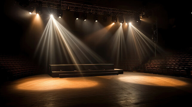 Empty concert hall with spotlights and seats, toned image.