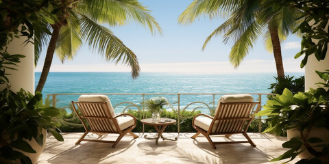 Luxury hotel or resort with pool, palm trees and deck chairs - Theme vacation, travel or luxury vacation - Generative AI