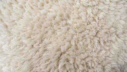 Background picture of a soft fur white carpet. wool sheep fleece closeup texture background. Fake color beige fur fabric. top view.