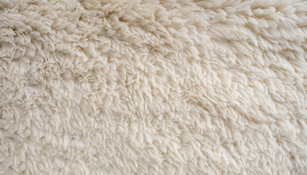 Background picture of a soft fur white carpet. wool sheep fleece closeup texture background. Fake color beige fur fabric. top view.