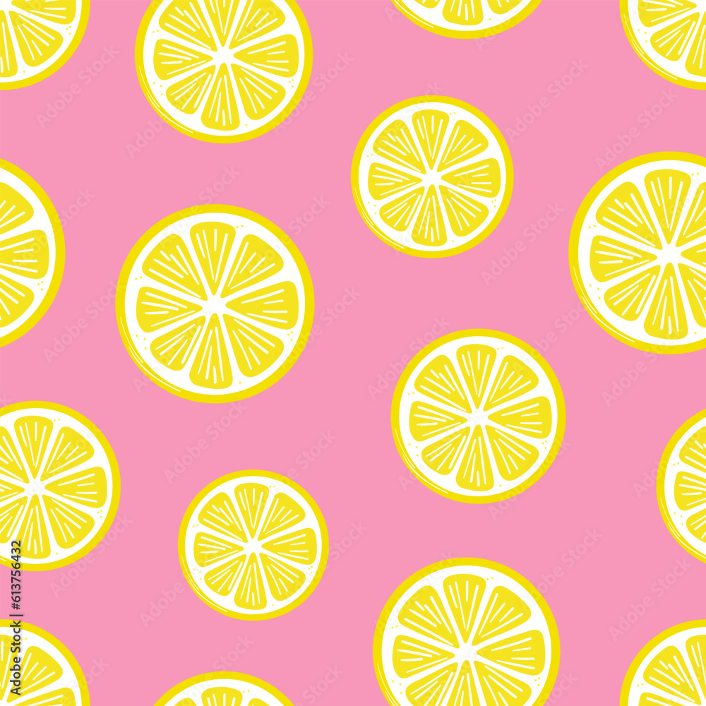Poster pink lemon slices vector pattern, seamless repeating background
