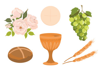 Elements of a catholic first communion. Vector set. Golden bowl for wine, bread, wine, grapes, white roses. Elements for beautiful invitation design. - obrazy, fototapety, plakaty