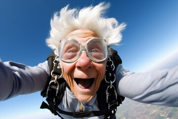 Old woman with gray hair takes a selfie while skydiving - theme vitality, fit in old age, have fun, stay young, old age - Generative AI - 613756453