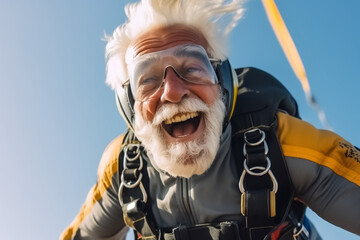 Old man or grandpa with gray beard and skydiving in the sky - theme fun, stay young, vital and fit - Generative AI