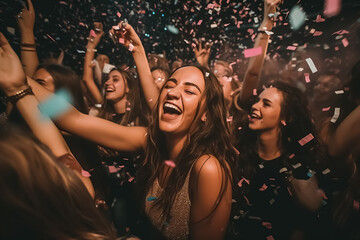 Girl teen celebrating and dancing exuberantly at party or at concert - theme youth, celebrating, having fun - Generative AI - 613756494