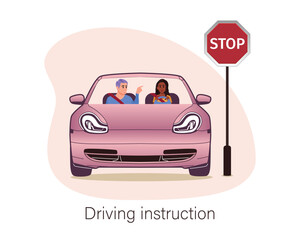 Multinational characters taking driving course. Instructor teaching road sign. Students passing exam successfully and getting driving licenses. Vector