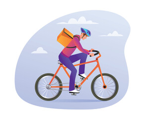 Cartoon character working as courier and delivering parcels. Safe and express delivery service to home or office using bike. Vector flat style illustration on white background