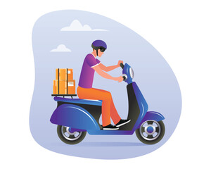 Fototapeta na wymiar Cartoon man working as courier and delivering parcels. Safe and express delivery services to home or office using motorbike. Vector flat style illustration on white background