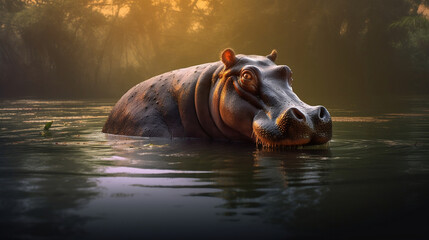 African Hippopotamus in a Calm River.