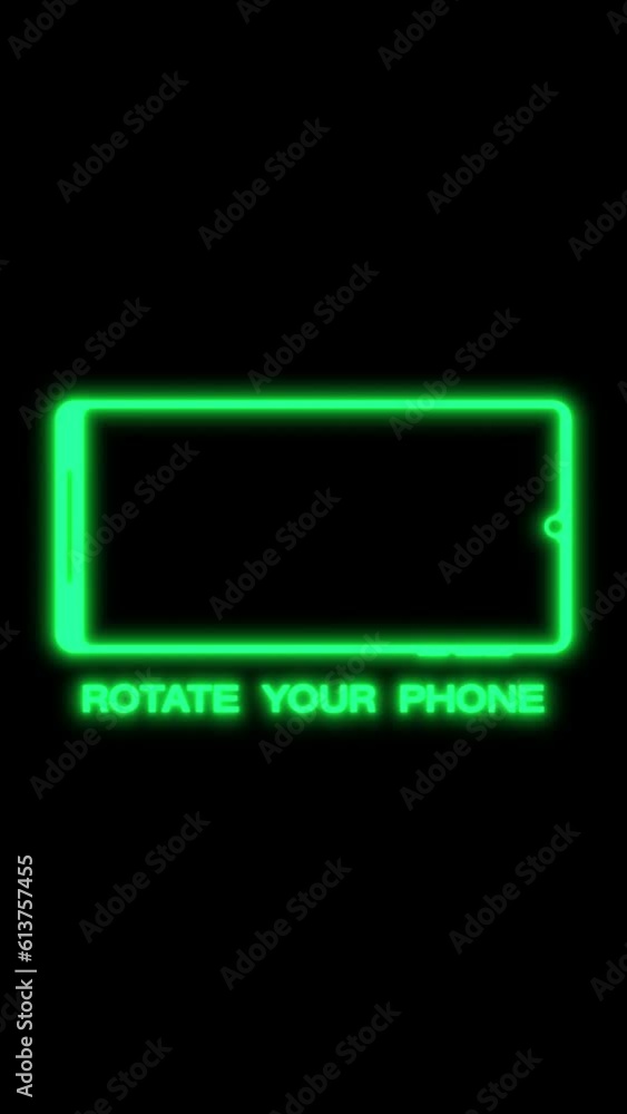 Poster vertical video animation with the message rotate your phone in neon green over black background. sea