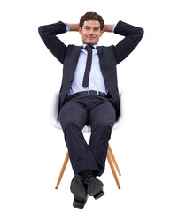 Portrait, relax and a business man sitting on a chair in a suit isolated on a transparent...