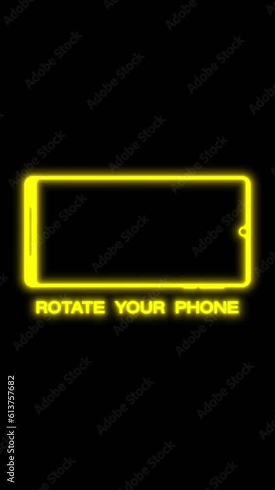 Poster vertical video animation with the message rotate your phone in neon yellow over black background. se