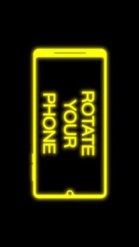 Vertical video animation with the message rotate your phone in neon yellow over black background. Seamless loop