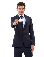 Man with business card, company advertising and portrait, professional identity isolated on transparent png background. Marketing, contact us and introduction, male employee and note with information