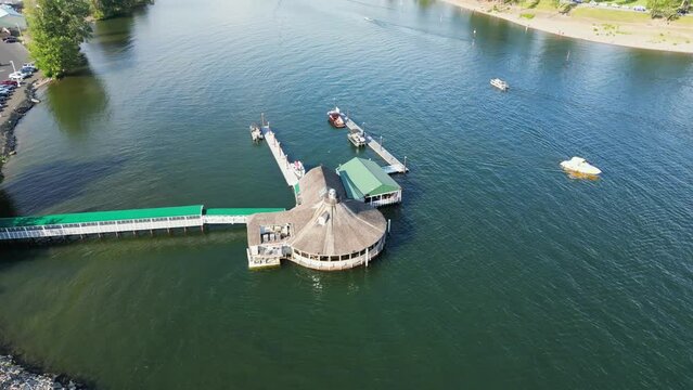Coeur d' Alene, Idaho USA - June 07 2023: Aerial view of one of the most popular restaurants in the city, Cedars Floating Restaurant in Lake Coeur d' Alene.