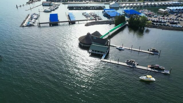 Coeur d' Alene, Idaho USA - June 07 2023: Aerial view of one of the most popular restaurants in the city, Cedars Floating Restaurant in Lake Coeur d' Alene.