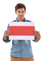 Portrait, poster and mockup with a man isolated on a transparent background holding a sign. Logo,...