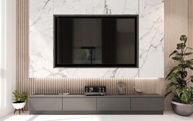 3D rendering; of  low cabinet with TV on white marble wall