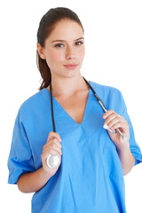 Portrait, stethoscope and healthcare nurse woman for nursing career, health care service or...