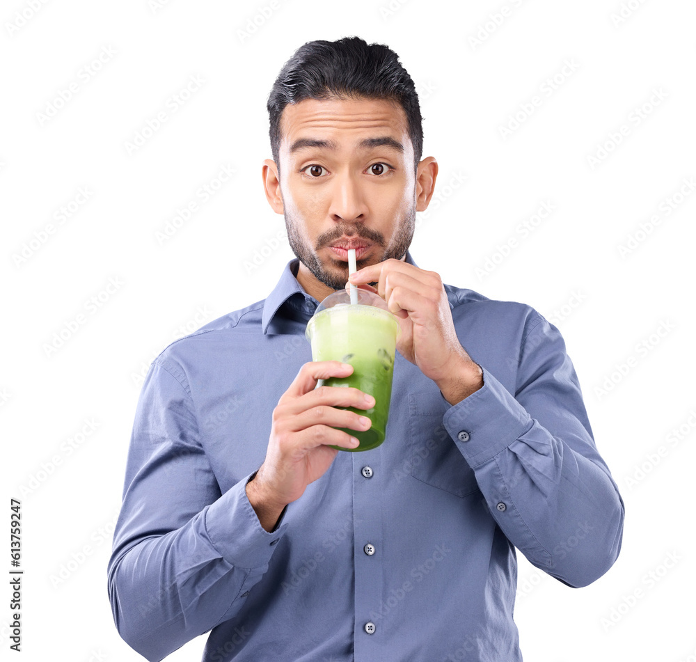 Poster Business man, portrait and detox smoothie by transparent png background, healthy and isolated with drink. Young businessman, liquid diet and nutrition with organic cocktail, juice and supplement