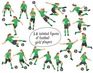 Vector isolated figures of girl's football players and goalkeepers team in green equipment in various poses and motion training and playing, running, jumping, grabbing, catching, kicking the ball