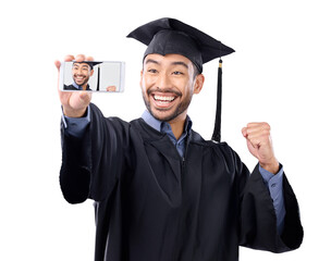 Isolated man, graduation selfie and university event with smile, photography and transparent png...