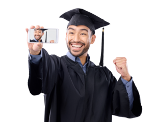 Isolated man, graduation selfie and university event with smile, photography and transparent png background. Young college student, graduate and profile picture for post update on social network app