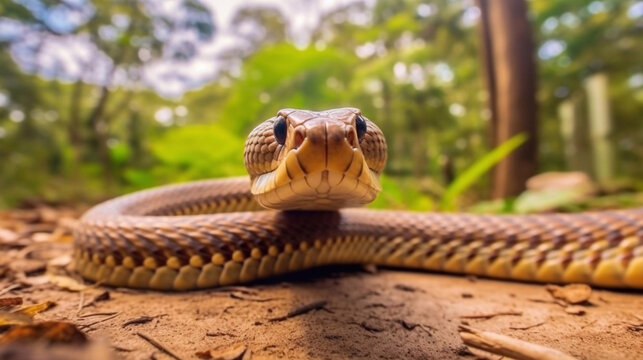 Wild natrix maura snake with camouflage scales slithering on rough dry ground in nature. AI Generative Image