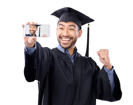 Isolated man, graduation selfie and university event with smile, photography and transparent png background. Young college student, graduate and profile picture for post update on social network app