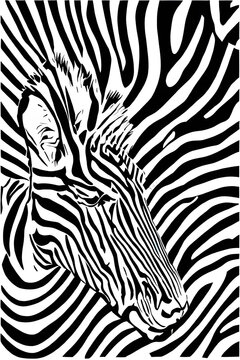 A black and white image of an abstract zebra set against a zebra stripe pattern. (AI-generated fictional illustration)
