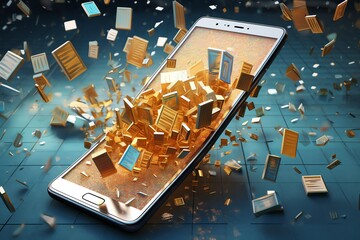 A levitating cracked smartphone with shattered piece. generative AI