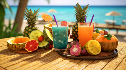 Tropical cocktails on a beachside wooden table with fresh fruits and juice. Generative AI