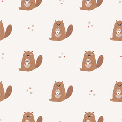 Forest seamless pattern with adorable funny beaver having a cup of tea © danceyourlife