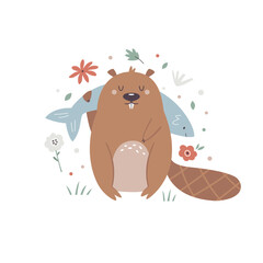 Vector illustration of a cute beaver in a green lush. © danceyourlife