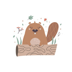 Vector illustration of a cute beaver sitting behind the log © danceyourlife