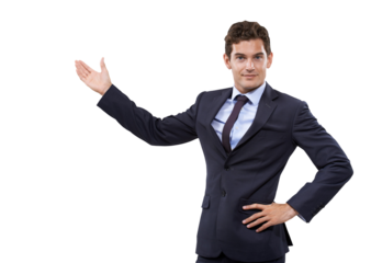 Presentation, showing and portrait of business man with hand on isolated, PNG and transparent background. Professional, marketing and male person with gesture for announcement, news and advertising