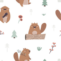 Fototapeta premium Forest seamless pattern with adorable funny beavers, trees, twigs, leaves.