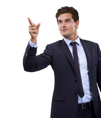 Businessman, pointing and startup presentation isolated on transparent png background, deal and promo at tradeshow. Opinion, ideas and man showing job proposal with information, review or feedback.