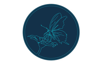 blue outline of butterfly and flower in dark blue circle on white background
