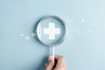 Wall murals Pharmacy Health insurance concept. people magnifier holding plus and healthcare medical icon, health and access to welfare health concept.