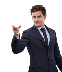 Business man, portrait and pointing finger for presentation isolated on a transparent, png background. Corporate employee or male person with hand sign for advertising, information or announcement