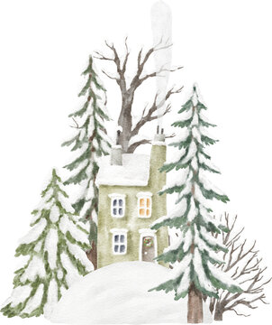 Winter house covered with snow watercolour illustration