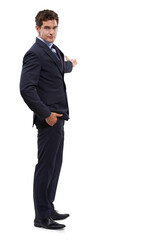 Portrait, welcome and invitation of business man isolated on a transparent png background. Person,...