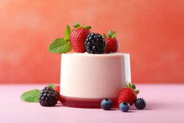Delicious creamy panacotta decorated with green leaves, blackberries, strawberries and blueberries on a studio pink background. Generative AI professional photo imitation.